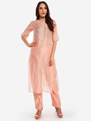 peach chinese collared Party wear kurta with copper embroidery 1