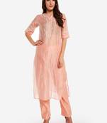 peach chinese collared Party wear kurta with copper embroidery