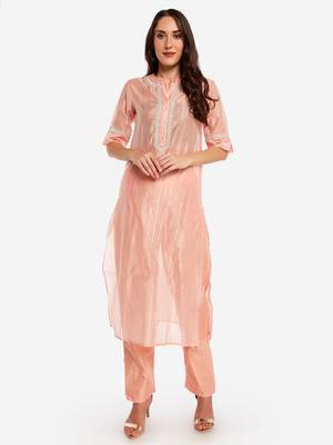 peach chinese collared Party wear kurta with copper embroidery 2