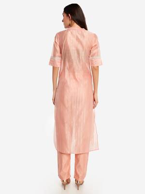 peach chinese collared Party wear kurta with copper embroidery 3