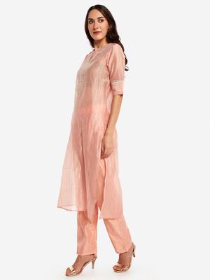 peach chinese collared Party wear kurta with copper embroidery 4