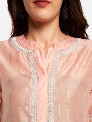 peach chinese collared Party wear kurta with copper embroidery 5