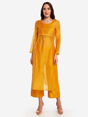 Ochre Chanderi Pleated Kurta with Trouser 1