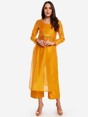 Ochre Chanderi Pleated Kurta with Trouser 2