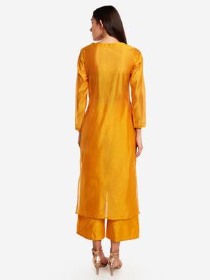 Ochre Chanderi Pleated Kurta with Trouser 3
