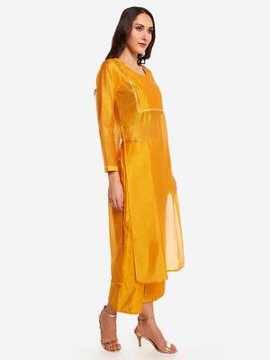 Ochre Chanderi Pleated Kurta with Trouser 4
