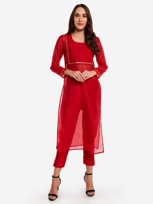 Red Chanderi Pleated Kurta with Trouser 1