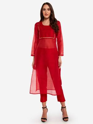 Red Chanderi Pleated Kurta with Trouser 2