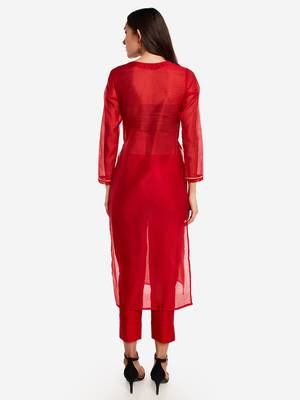 Red Chanderi Pleated Kurta with Trouser 3