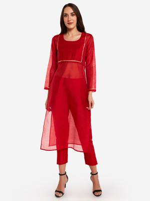 Red Chanderi Pleated Kurta with Trouser 4