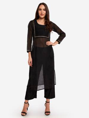 Black Chanderi Pleated Kurta with Trouser 1