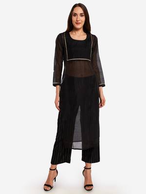 Black Chanderi Pleated Kurta with Trouser 2