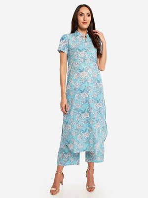 Light Blue Floral Printed kurta with Trouser. 2