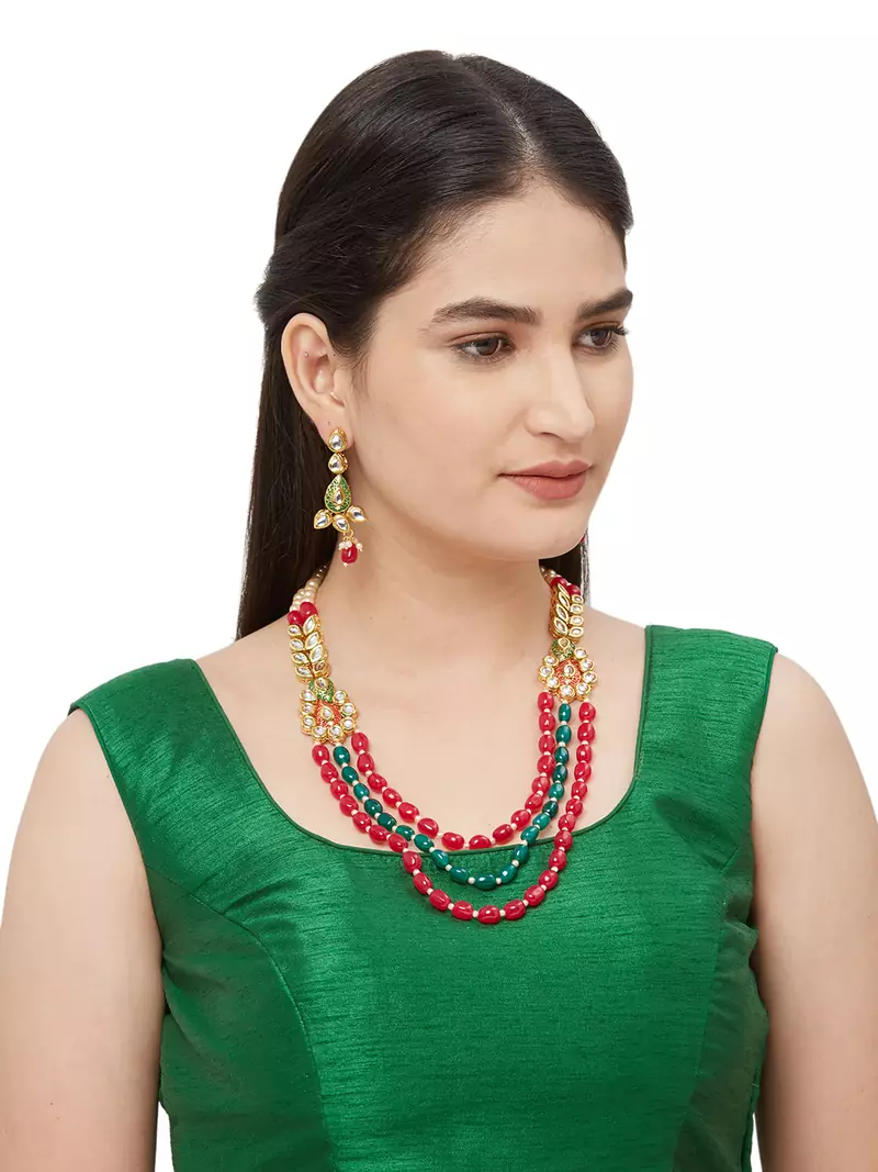 Red And Green Bead Kundan Necklace Sets