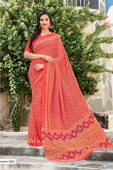 pink printed georgette saree with blouse