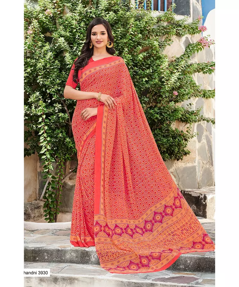 pink printed georgette saree with blouse