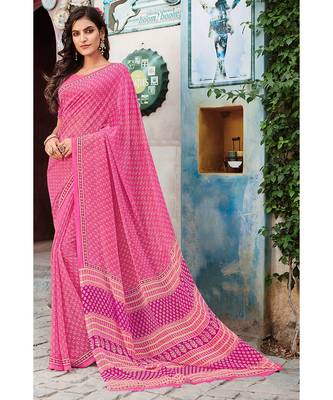pink printed georgette saree with blouse 1