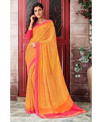 yellow printed georgette saree with blouse 1
