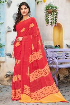 red printed georgette saree with blouse