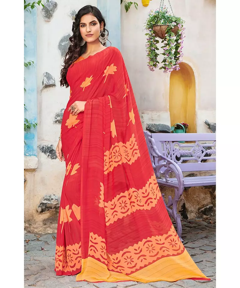 red printed georgette saree with blouse