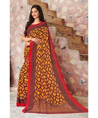 yellow printed georgette saree with blouse 1