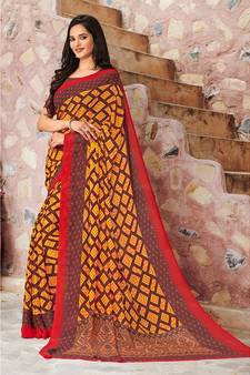 yellow printed georgette saree with blouse