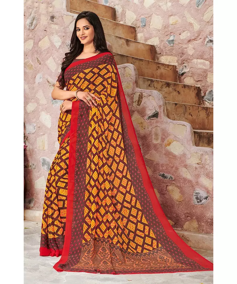 yellow printed georgette saree with blouse