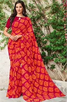 pink printed georgette saree with blouse