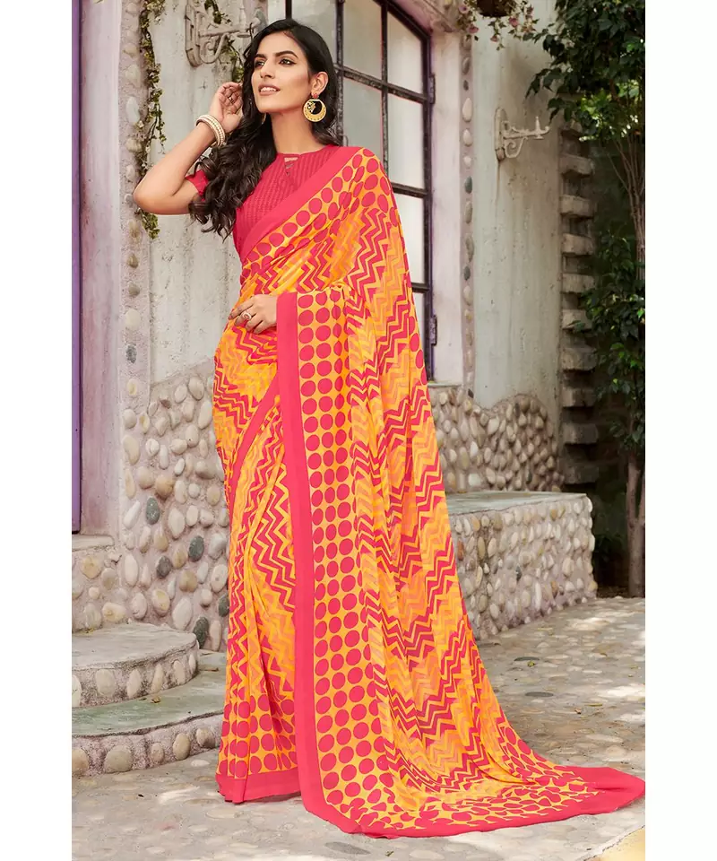 yellow printed georgette saree with blouse