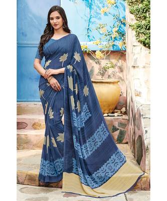 blue printed georgette saree with blouse 1