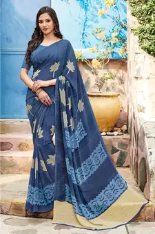 blue printed georgette saree with blouse