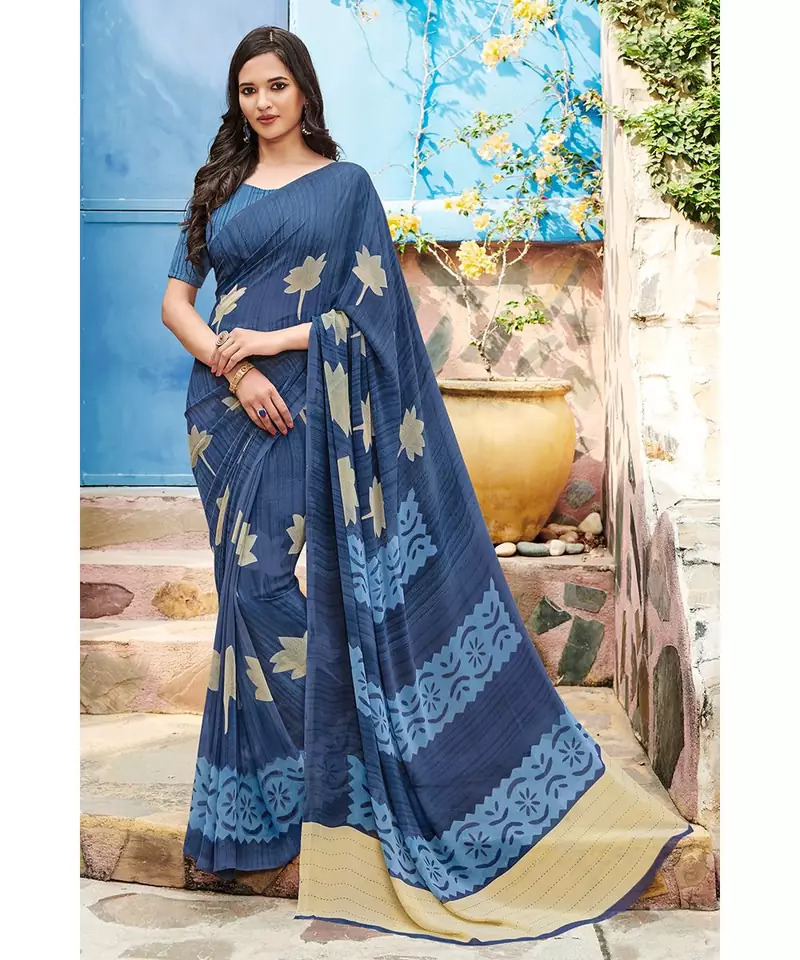 blue printed georgette saree with blouse