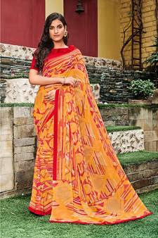 yellow printed georgette saree with blouse