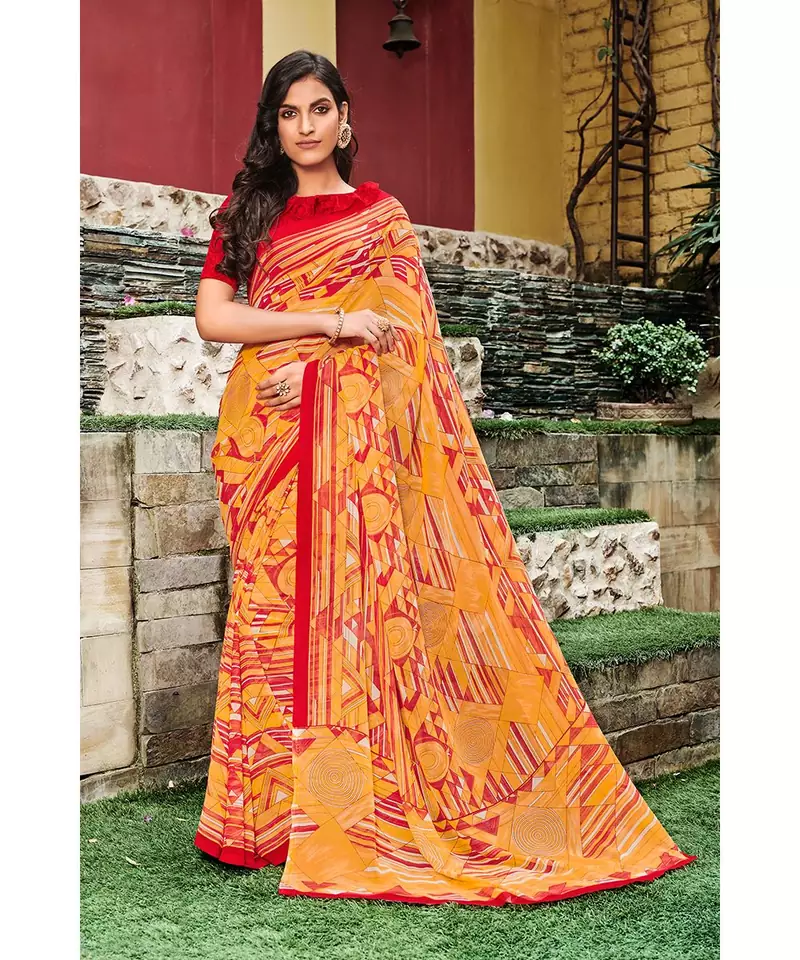 yellow printed georgette saree with blouse