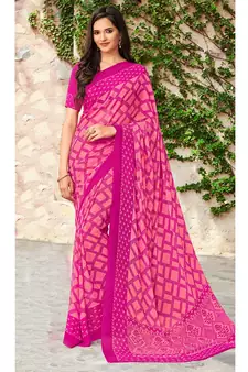 pink printed georgette saree with blouse