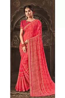 pink printed georgette saree with blouse