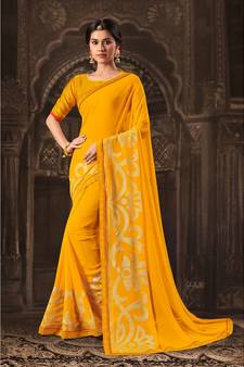 yellow printed georgette saree with blouse