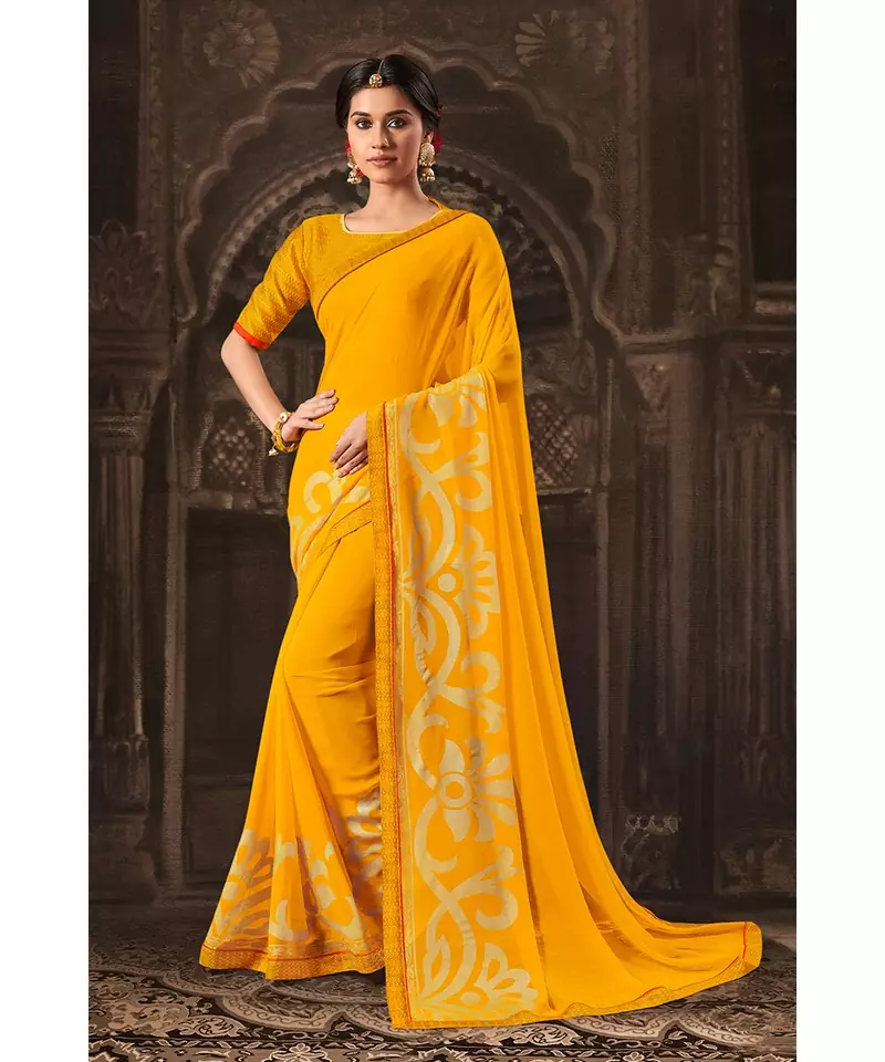yellow printed georgette saree with blouse