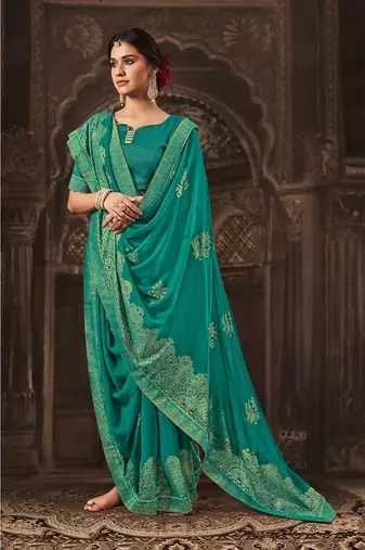 teal printed georgette saree with blouse