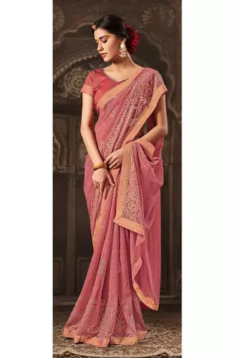 pink printed georgette saree with blouse
