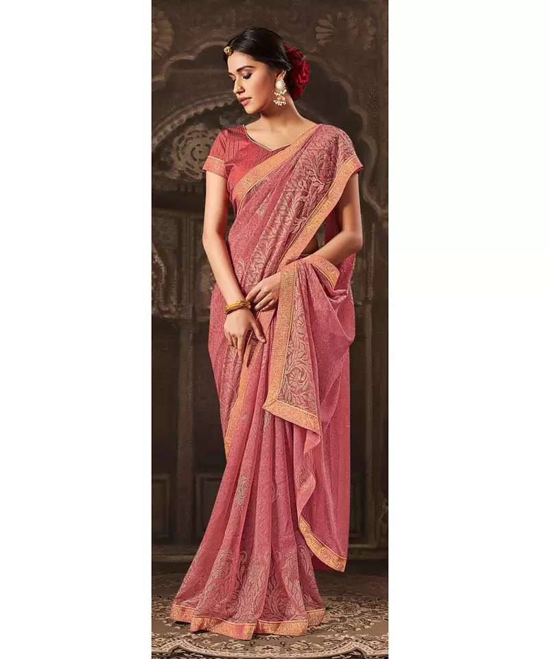 pink printed georgette saree with blouse