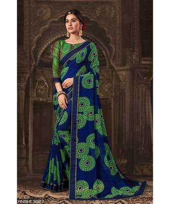 blue printed georgette saree with blouse 1