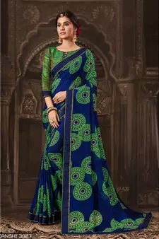 blue printed georgette saree with blouse