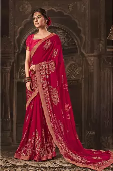red printed georgette saree with blouse