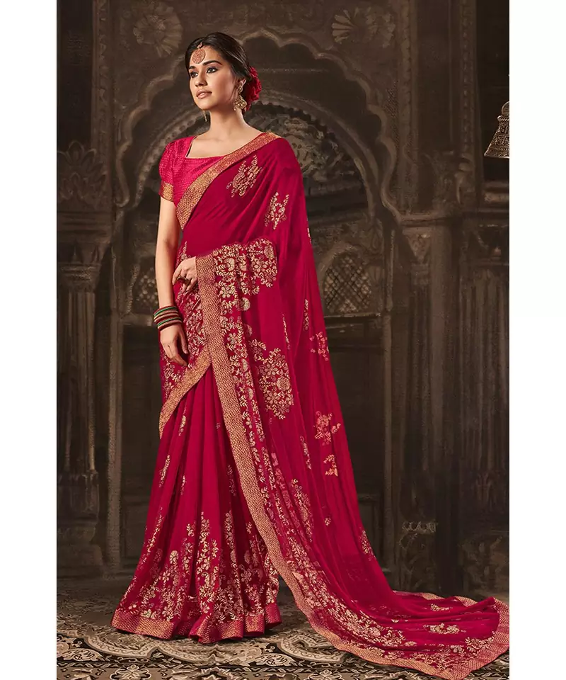 red printed georgette saree with blouse