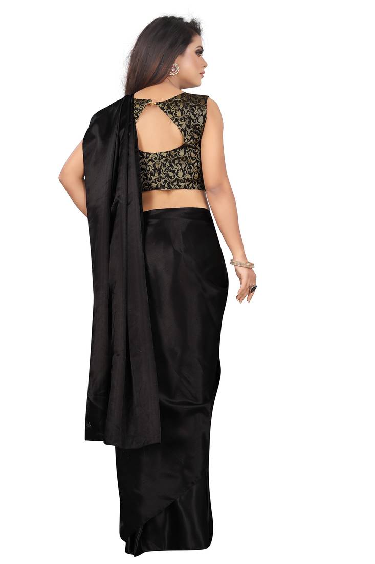 Black plain Satin saree with blouse
