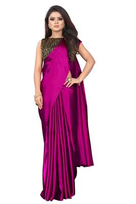 Pink plain Satin saree with blouse 1