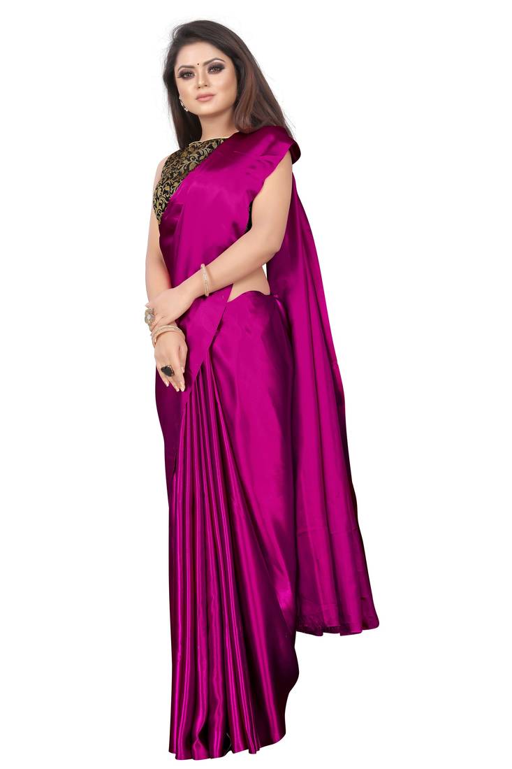 Pink plain Satin saree with blouse