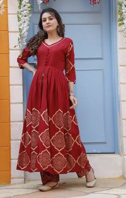 Women maroon gold print work kurti with palazzo 1