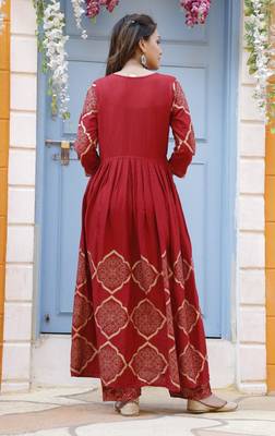 Women maroon gold print work kurti with palazzo 2